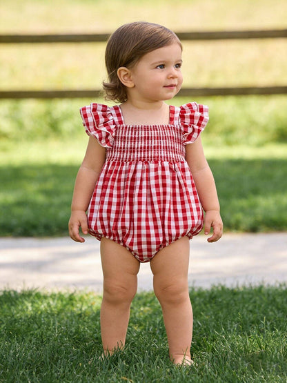 Girl’s Summer Plaid Smocked Romper